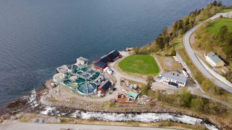 Flyfoto av landbasert oppdrettsanlegg ved kysten, med runde fisketanker, røde bygninger og omkringliggende veier og skog.